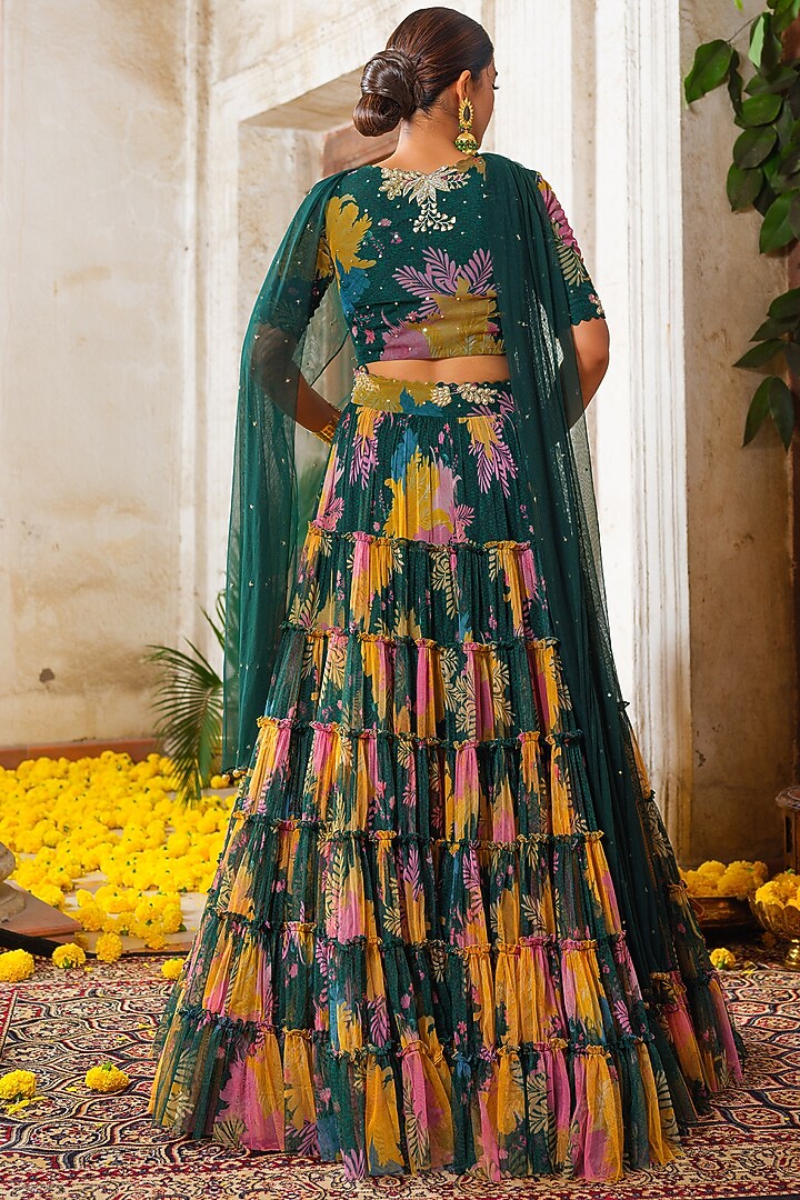 Emerald Green Net Floral Printed Frilled Tiered Wedding Lehenga Set by Anu Pellakuru at Pernia's Pop Up Shop