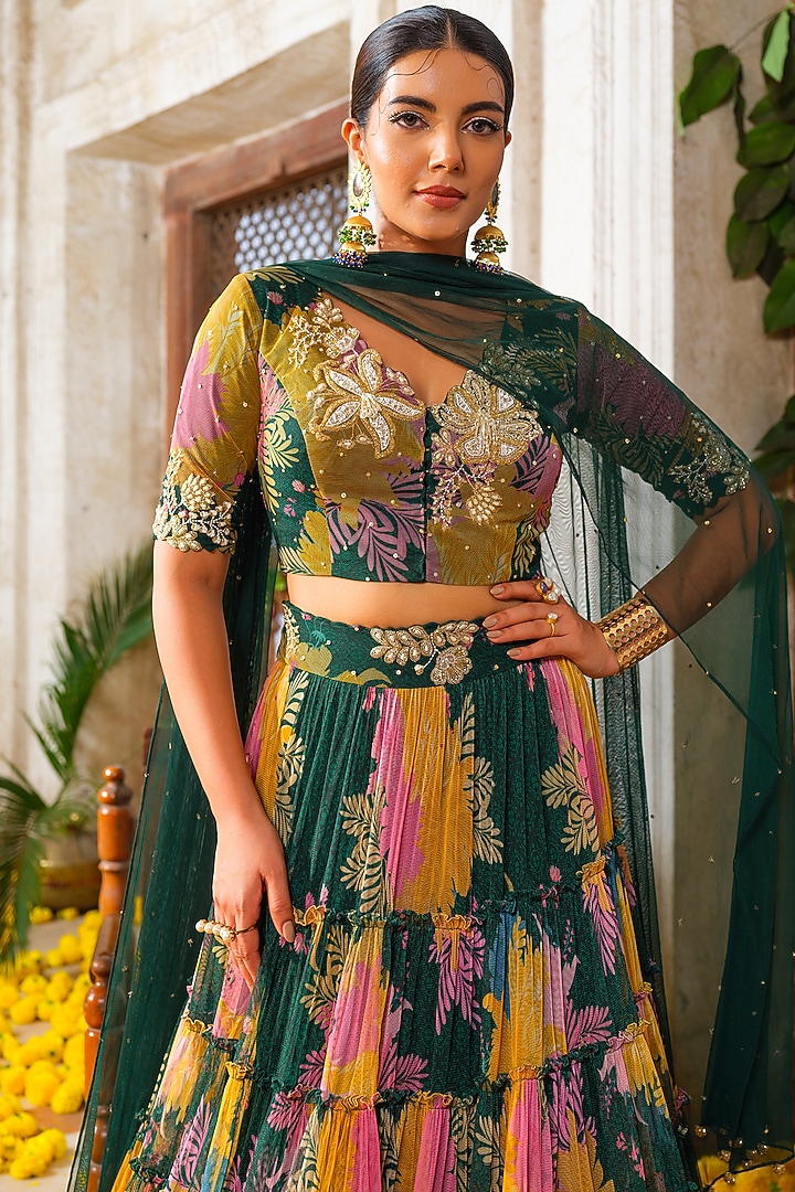 Emerald Green Net Floral Printed Frilled Tiered Wedding Lehenga Set by Anu Pellakuru at Pernia's Pop Up Shop