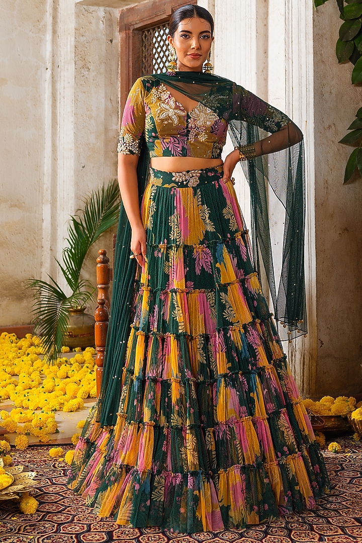 Emerald Green Net Floral Printed Frilled Tiered Wedding Lehenga Set by Anu Pellakuru at Pernia's Pop Up Shop