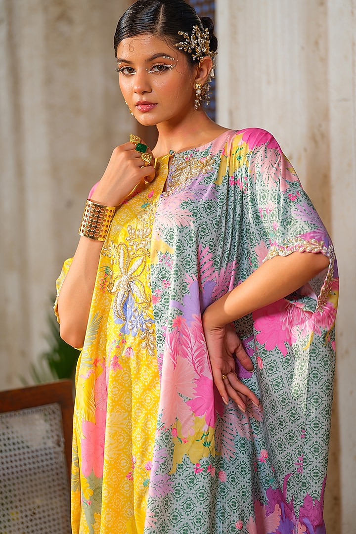 Mint Green American Crepe Floral Printed Kaftan Tunic Set by Anu Pellakuru at Pernia's Pop Up Shop