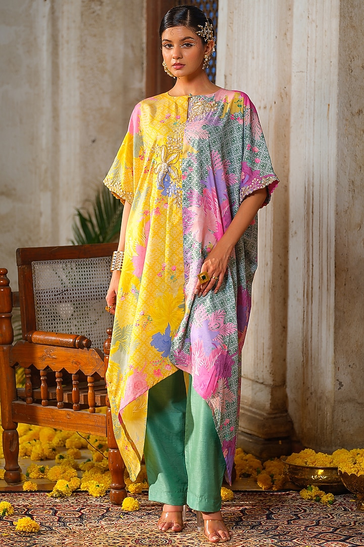 Mint Green American Crepe Floral Printed Kaftan Tunic Set by Anu Pellakuru at Pernia's Pop Up Shop