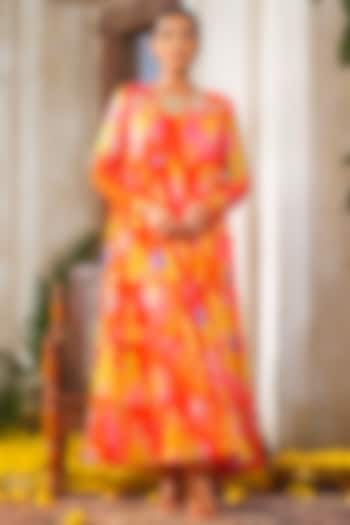 Orange Chiffon Floral Printed & Embroidered Tiered Gown by Anu Pellakuru