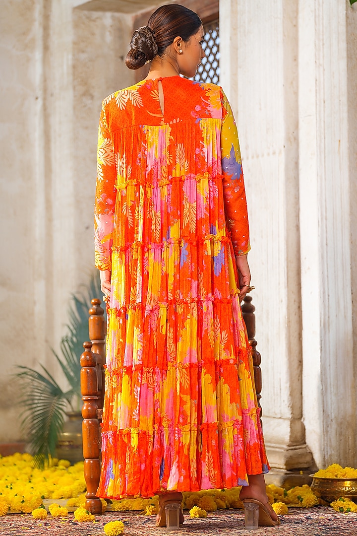 Orange Chiffon Floral Printed & Embroidered Tiered Engagement Gown by Anu Pellakuru at Pernia's Pop Up Shop