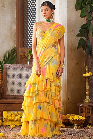 Yellow Chiffon Floral Printed Ruffled Pre-Draped Saree Set by Anu Pellakuru