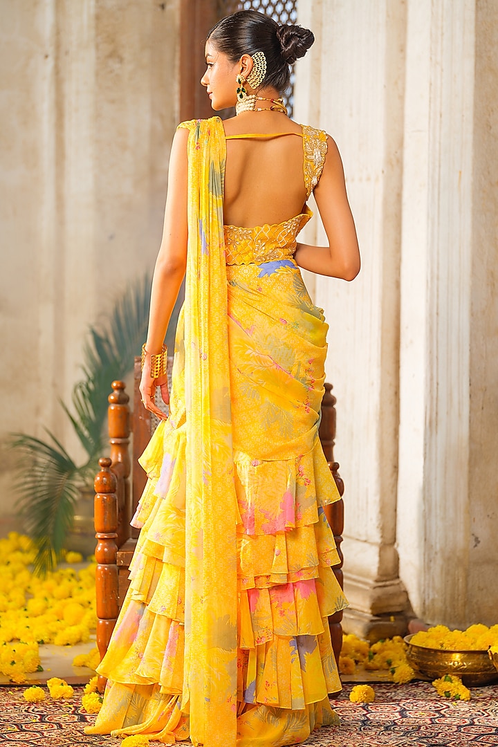 Yellow Chiffon Floral Printed Ruffled Pre-Draped Wedding Saree Set by Anu Pellakuru at Pernia's Pop Up Shop