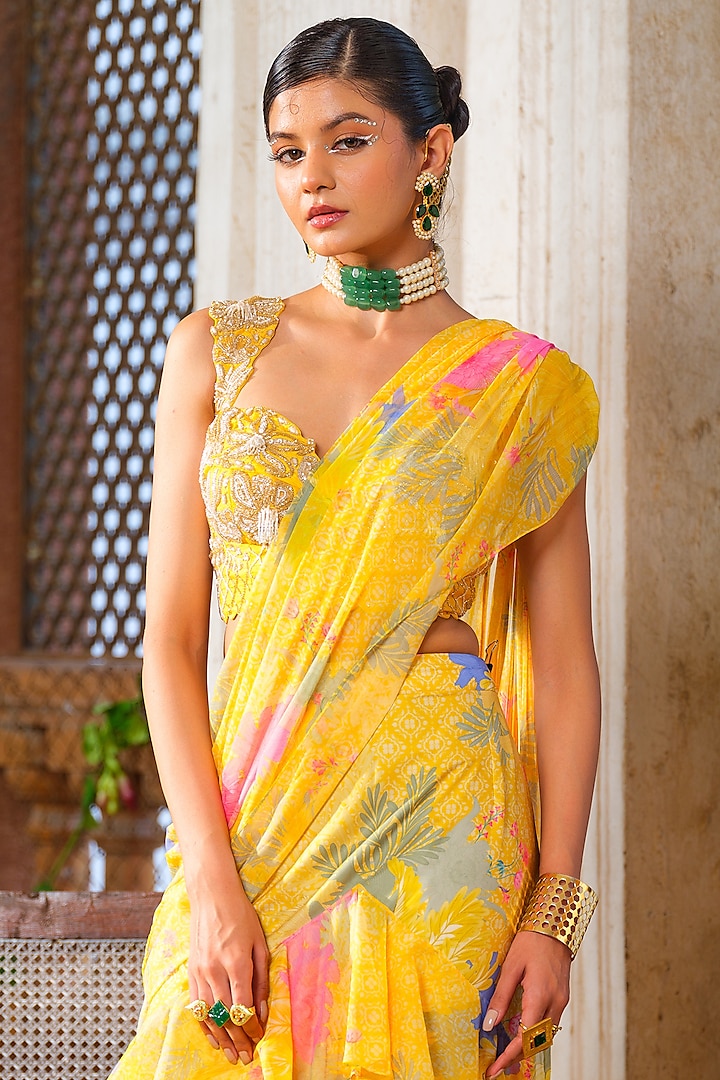 Yellow Chiffon Floral Printed Ruffled Pre-Draped Wedding Saree Set by Anu Pellakuru at Pernia's Pop Up Shop