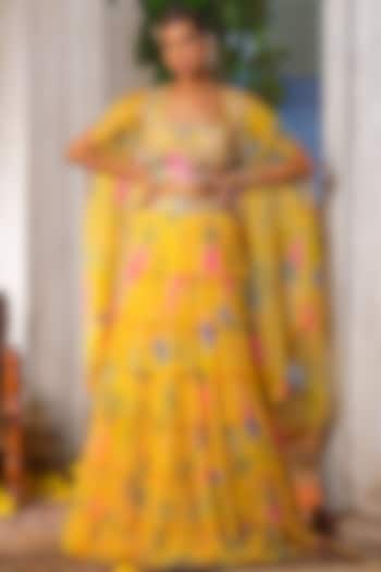 Yellow Chiffon Printed Frilled Tiered Jacket Lehenga Set by Anu Pellakuru