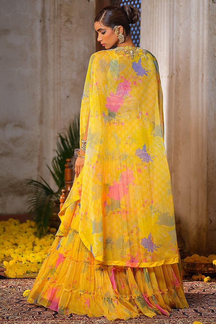 Yellow Chiffon Printed Frilled Tiered Jacket Wedding Lehenga Set by Anu Pellakuru at Pernia's Pop Up Shop