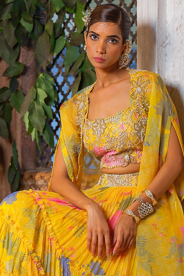 Yellow Chiffon Printed Frilled Tiered Jacket Wedding Lehenga Set by Anu Pellakuru at Pernia's Pop Up Shop