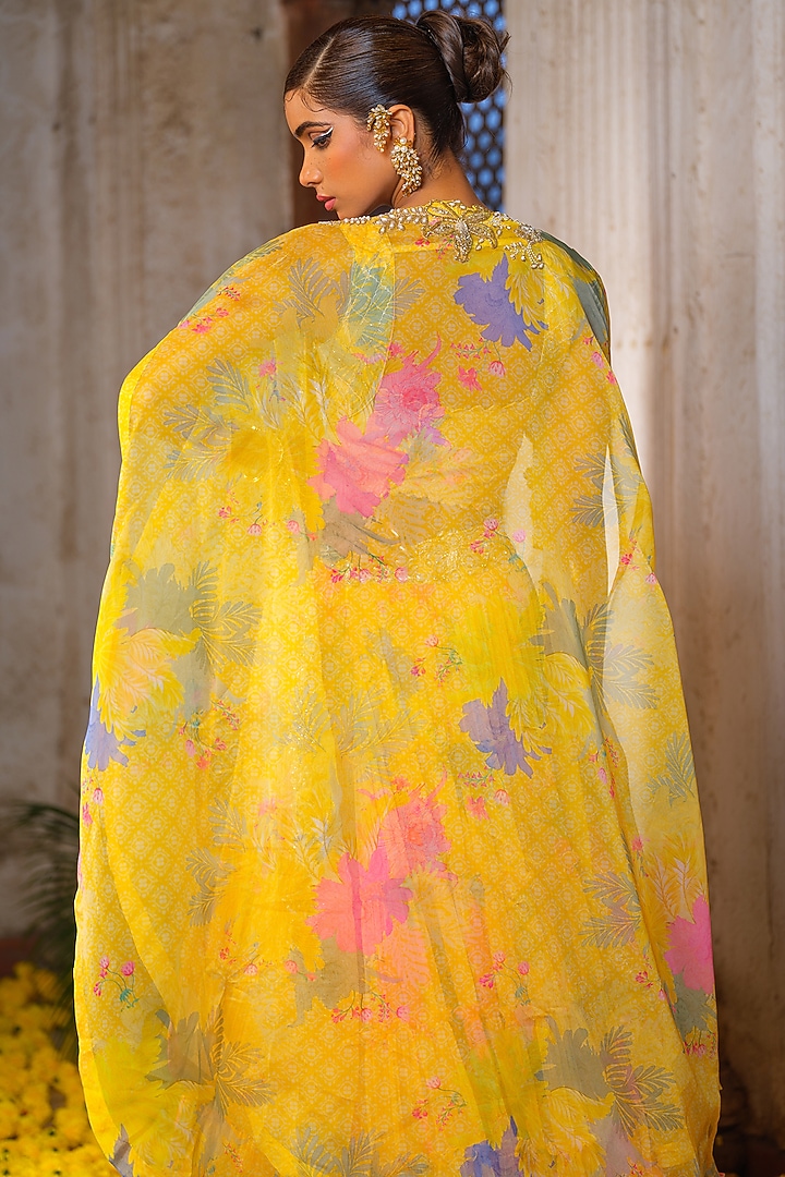 Yellow Chiffon Printed Frilled Tiered Jacket Wedding Lehenga Set by Anu Pellakuru at Pernia's Pop Up Shop