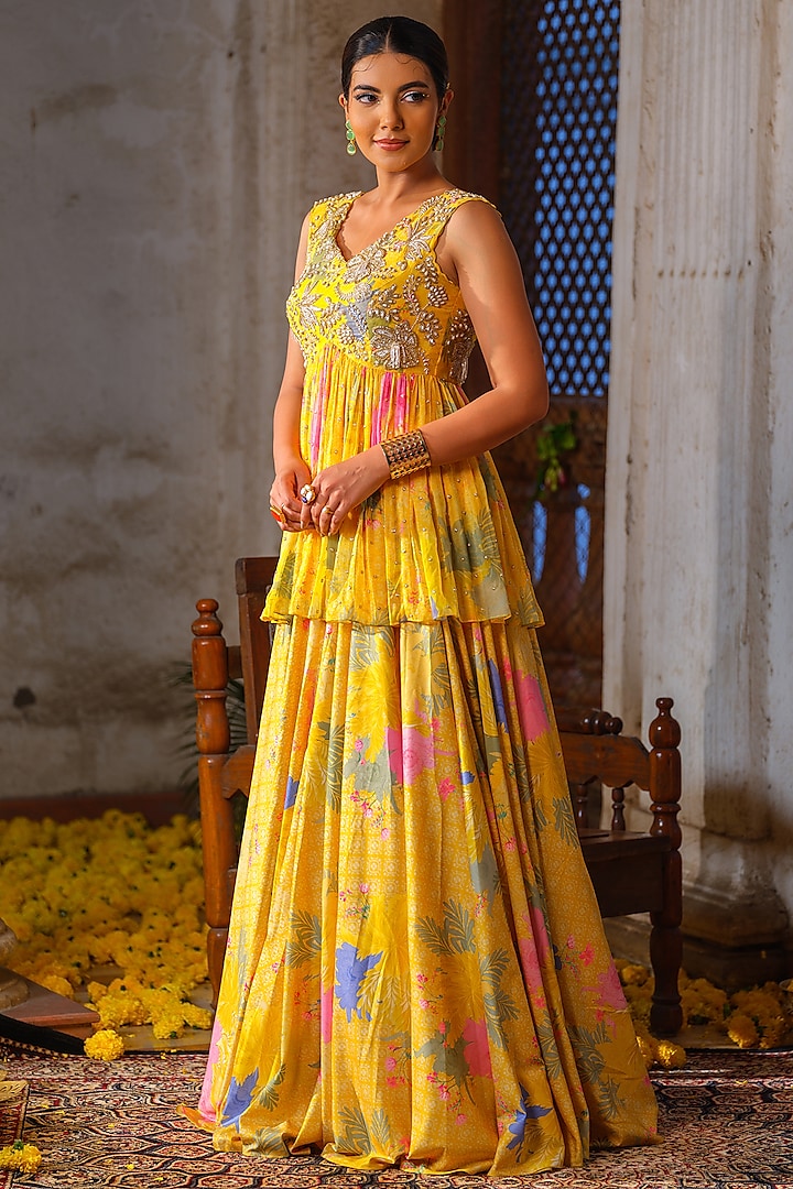 Yellow American Crepe Printed Lehenga Set by Anu Pellakuru