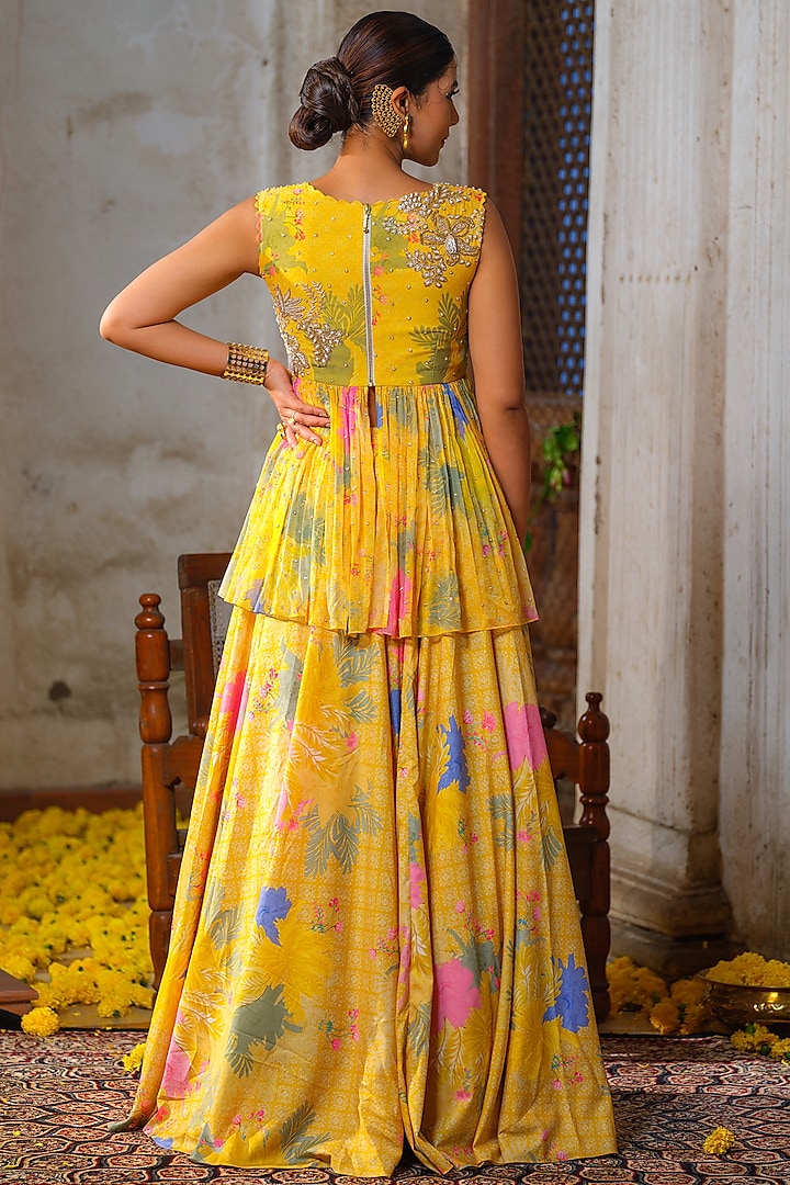 Yellow American Crepe Printed Wedding Lehenga Set by Anu Pellakuru at Pernia's Pop Up Shop