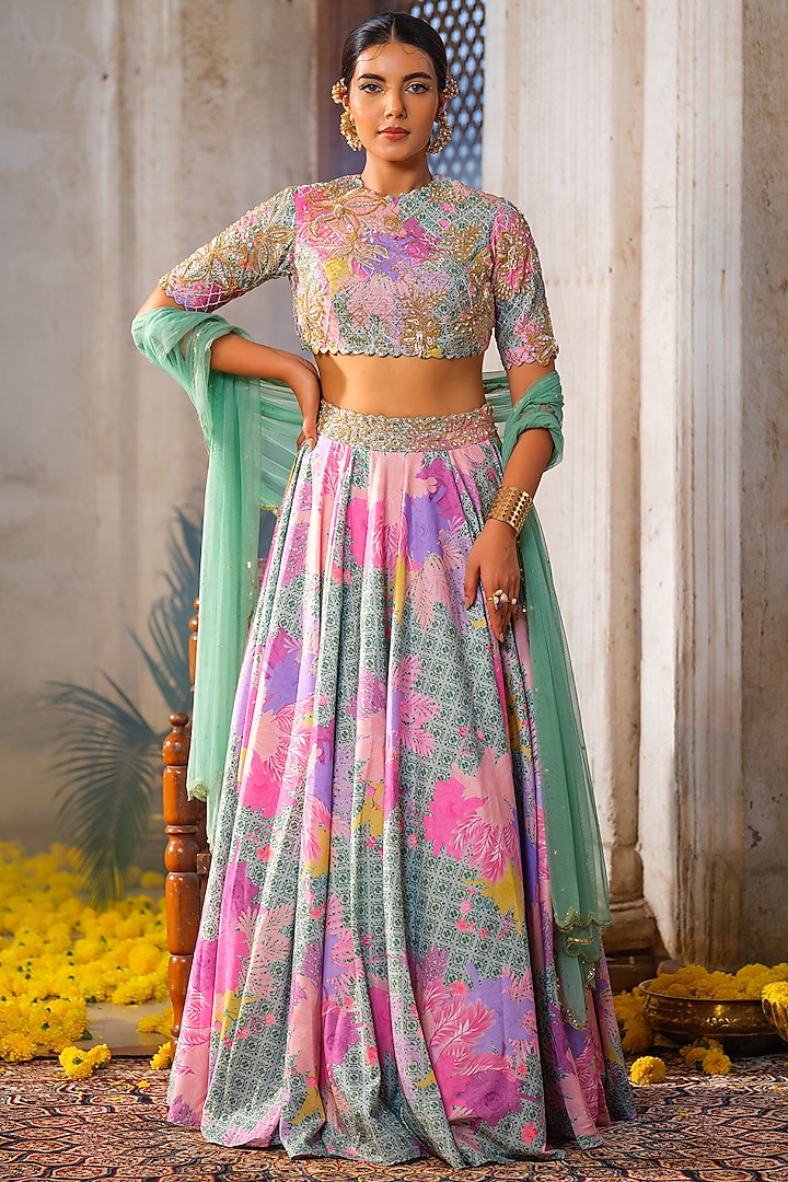 Mint Green American Crepe Printed Wedding Lehenga Set by Anu Pellakuru at Pernia's Pop Up Shop