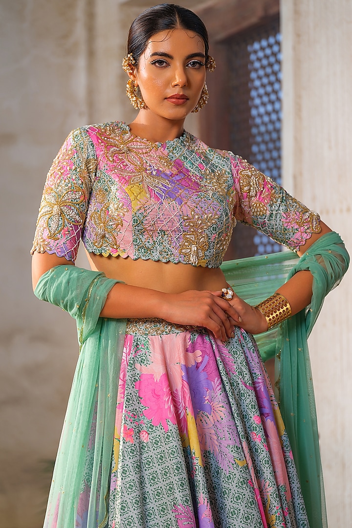 Mint Green American Crepe Printed Wedding Lehenga Set by Anu Pellakuru at Pernia's Pop Up Shop