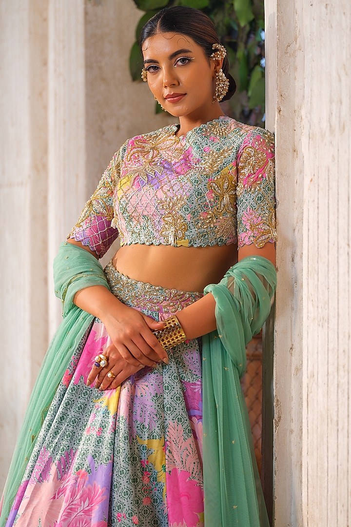Mint Green American Crepe Printed Wedding Lehenga Set by Anu Pellakuru at Pernia's Pop Up Shop