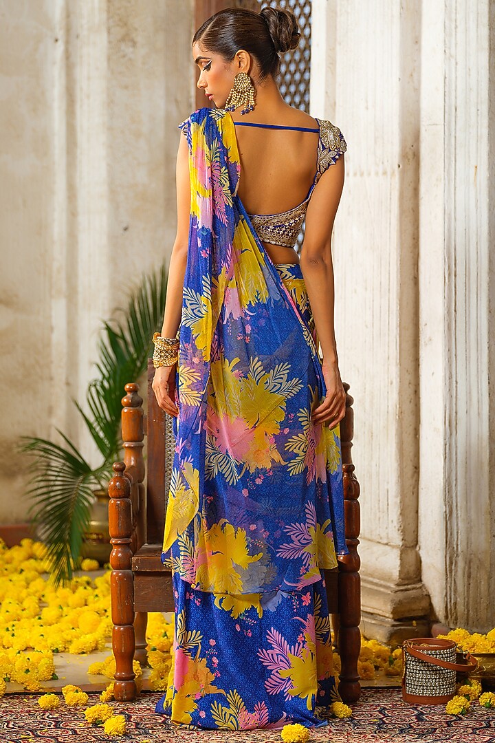 Royal Blue Chiffon Floral Printed Pre-Draped Wedding Saree Set by Anu Pellakuru at Pernia's Pop Up Shop