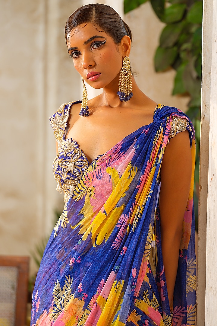 Royal Blue Chiffon Floral Printed Pre-Draped Wedding Saree Set by Anu Pellakuru at Pernia's Pop Up Shop