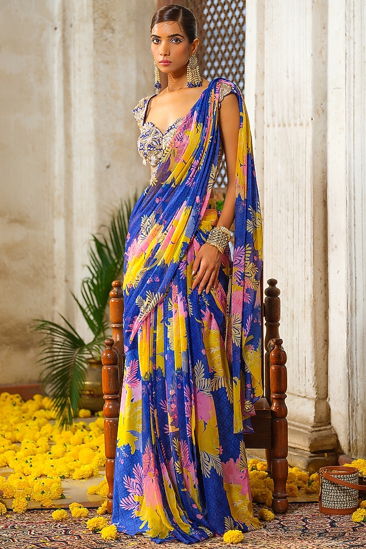 Royal Blue Chiffon Floral Printed Pre-Draped Wedding Saree Set by Anu Pellakuru at Pernia's Pop Up Shop