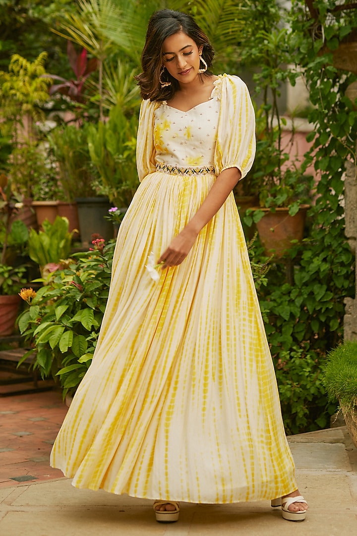 Yellow Tie-Dye Printed Gown by Anu Pellakuru