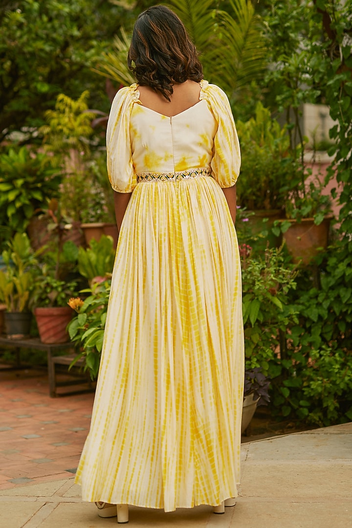 Yellow Tie-Dye Printed Party Wear Gown by Anu Pellakuru at Pernia's Pop Up Shop