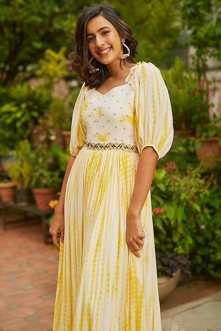 Yellow Tie-Dye Printed Party Wear Gown by Anu Pellakuru at Pernia's Pop Up Shop