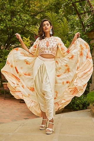 Orange Tie-Dye Printed Dhoti Set by Anu Pellakuru