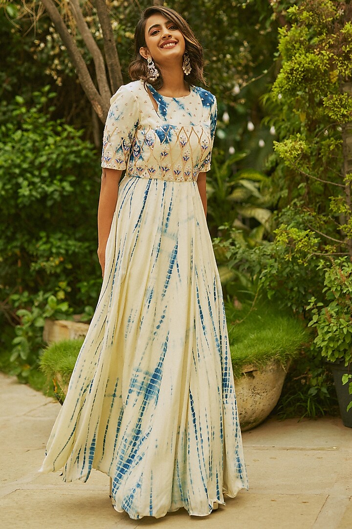 Blue Tie-Dye Printed Gown by Anu Pellakuru