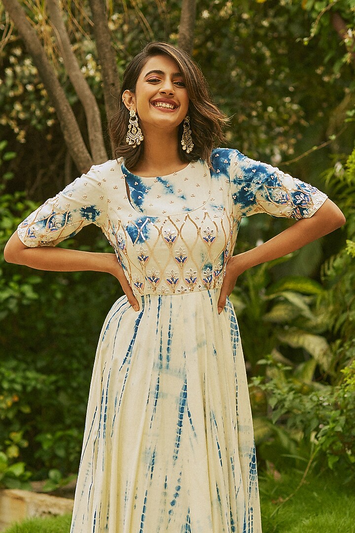 Blue Tie-Dye Printed Engagement Gown by Anu Pellakuru at Pernia's Pop Up Shop
