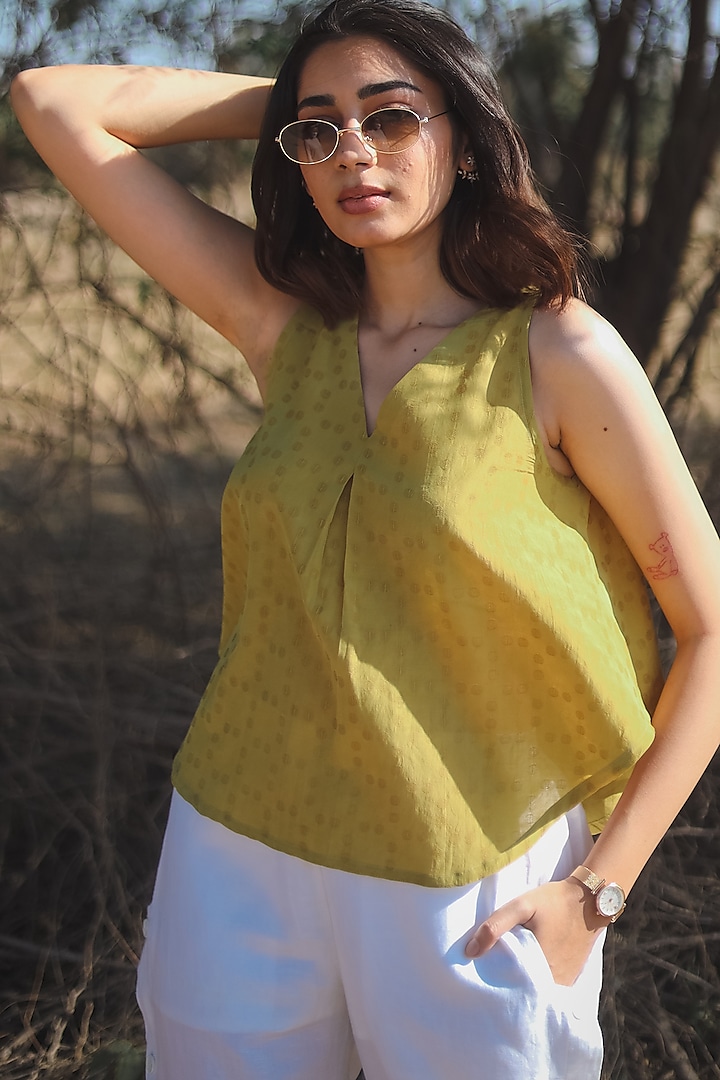 Yellow Polka Dot Printed Top by Anurav