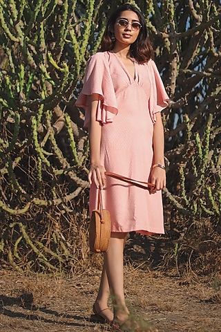 Pink Polka Dot Printed Dress by Anurav