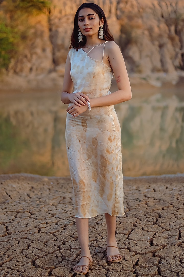 Beige Satin Printed Dress by Anurav