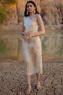 Beige Satin Printed Dress by Anurav