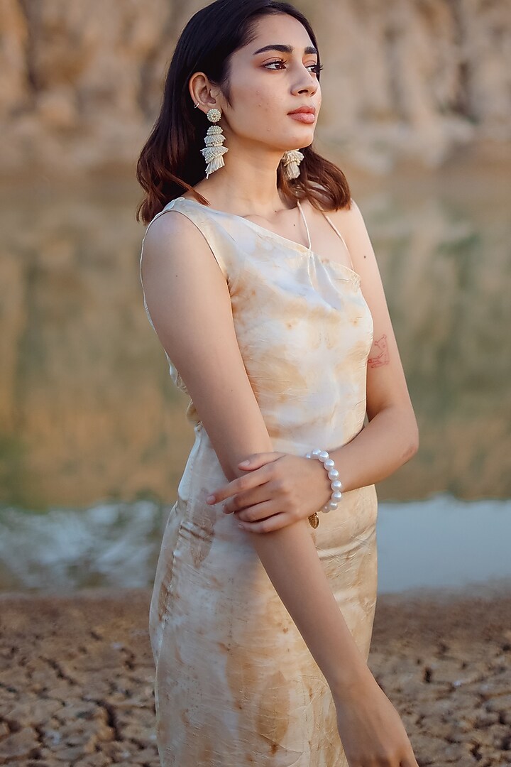 Beige Satin Printed Summer Dress by Anurav at Pernia's Pop Up Shop