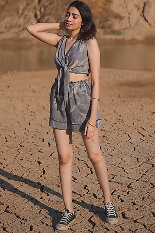 Grey Printed Crop Top by Anurav