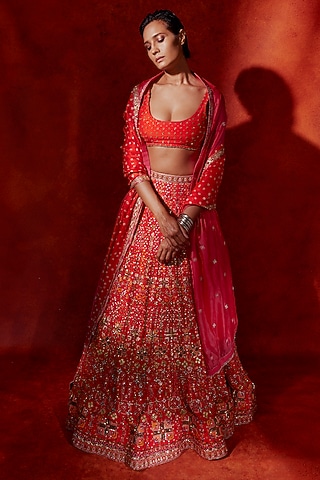 Red Crepe Silk Thread Work Lehenga Set by Anushka Khanna