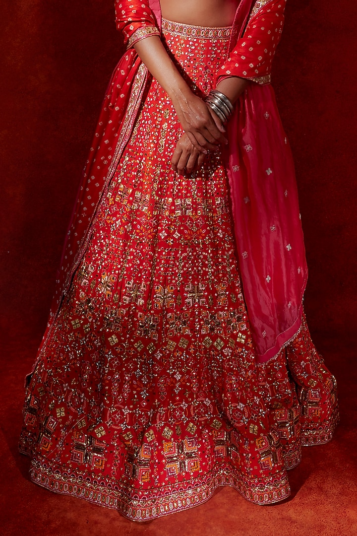 Red Crepe Silk Thread Work Bridal Lehenga Set by Anushka Khanna at Pernia's Pop Up Shop
