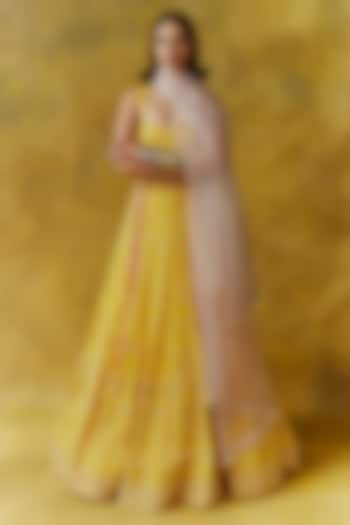 Marigold Yellow Crepe Silk Bead Work Bridal Lehenga Set by Anushka Khanna at Pernia's Pop Up Shop