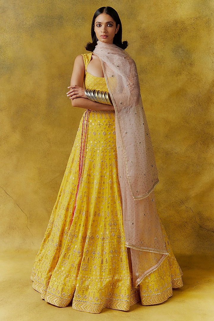 Marigold Yellow Crepe Silk Bead Work Bridal Lehenga Set by Anushka Khanna at Pernia's Pop Up Shop