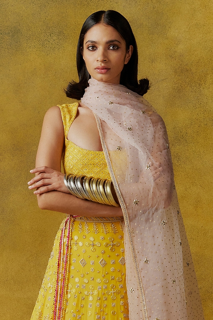 Marigold Yellow Crepe Silk Bead Work Bridal Lehenga Set by Anushka