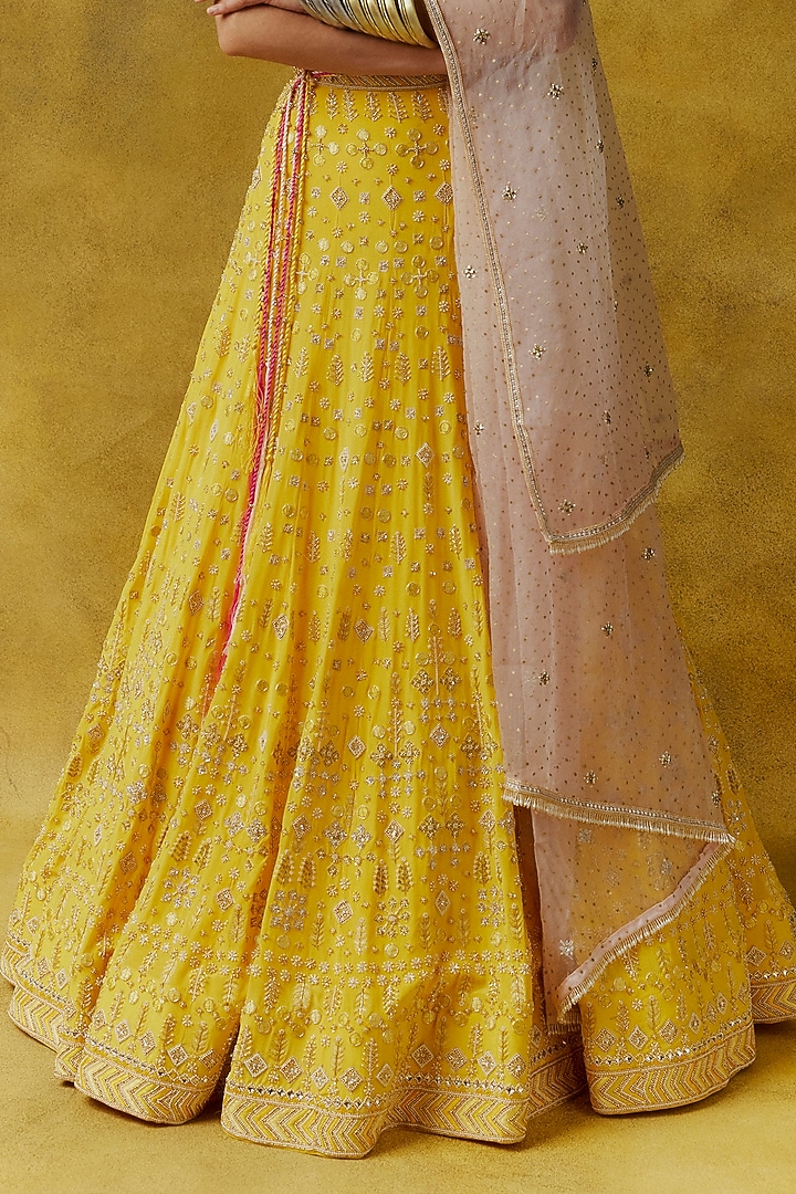 Marigold Yellow Crepe Silk Bead Work Bridal Lehenga Set by Anushka Khanna at Pernia's Pop Up Shop