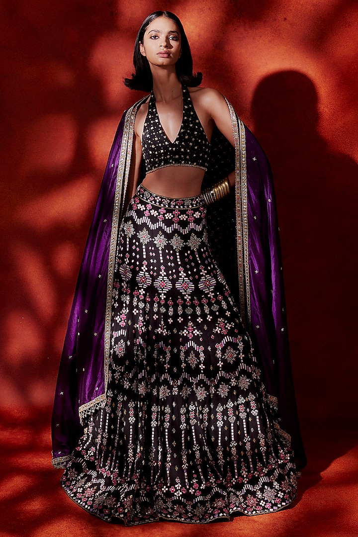 Black Crepe Silk Hand & Machine Embroidered Lehenga Set by Anushka Khanna