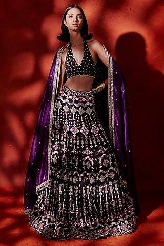 Black Crepe Silk Hand & Machine Embroidered Lehenga Set by Anushka Khanna