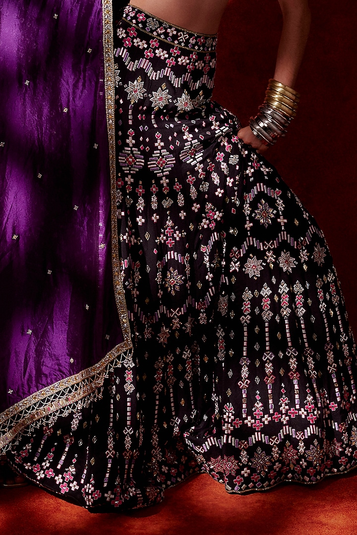 Black Crepe Silk Hand & Machine Embroidered Bridal Lehenga Set by Anushka Khanna at Pernia's Pop Up Shop