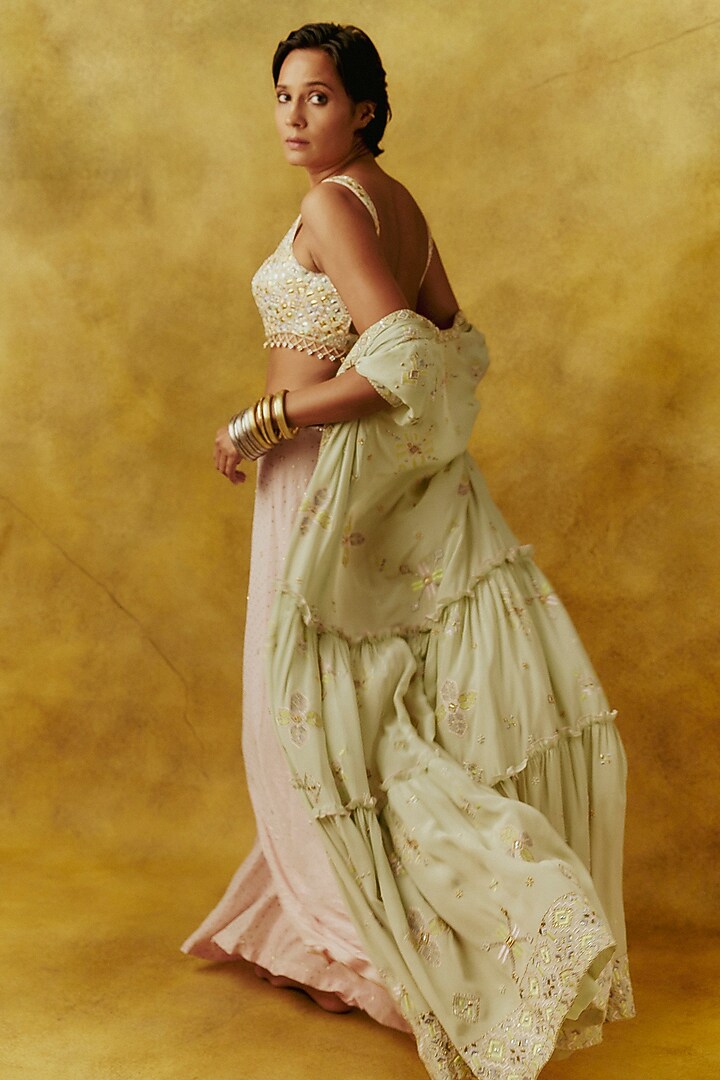 Mint Crepe Silk Thread Work Jacket Set by Anushka Khanna at Pernia's Pop Up Shop
