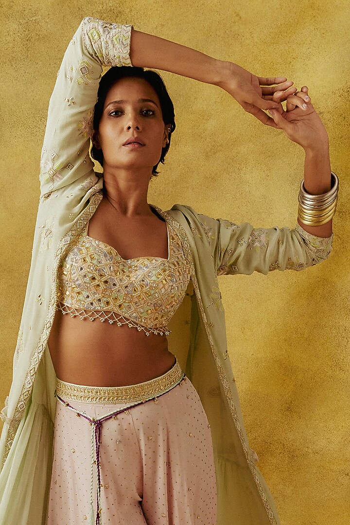 Mint Crepe Silk Thread Work Jacket Set by Anushka Khanna at Pernia's Pop Up Shop