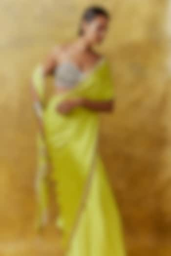 Neon Yellow Satin Hand Embroidered Saree Set by Anushka Khanna at Pernia's Pop Up Shop