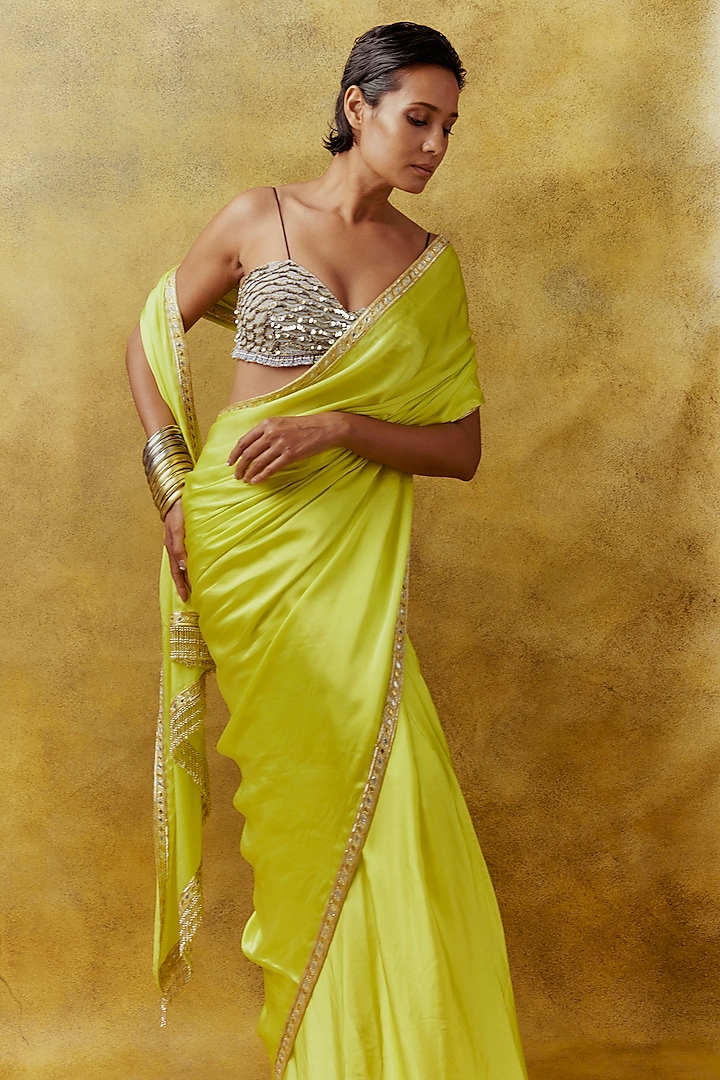 Neon Yellow Satin Hand Embroidered Saree Set by Anushka Khanna at Pernia's Pop Up Shop