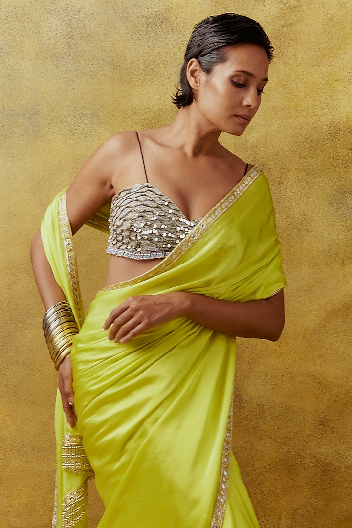 Neon Yellow Satin Hand Embroidered Wedding Saree Set by Anushka Khanna at Pernia's Pop Up Shop