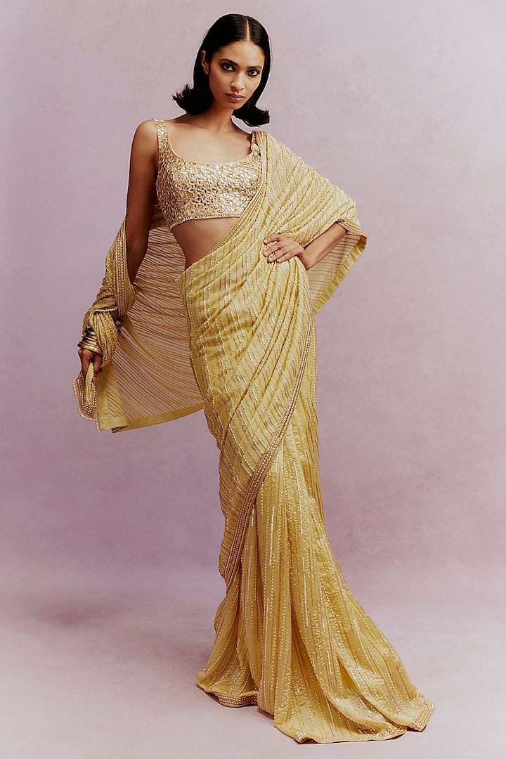 Pista Green Silk Georgette Hand Embroidered Saree Set by Anushka Khanna at Pernia's Pop Up Shop