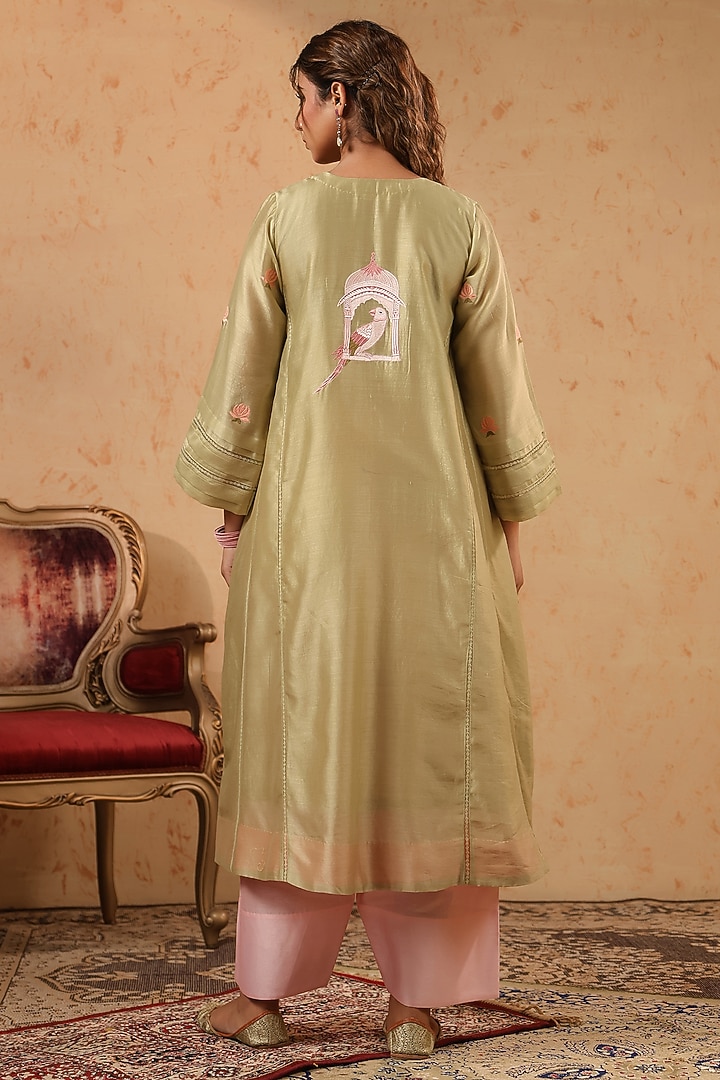 Earthy Green Chanderi Thread Work Kurta Set by ANSHU WADHWA at Pernia's Pop Up Shop